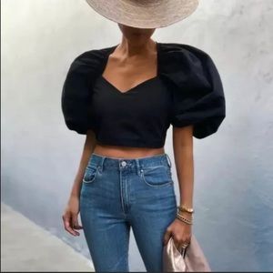 Zara Black V Neckline Balloon Sleeves Top